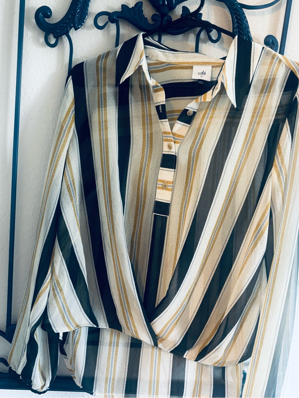CAbi Caliber Striped Semi Sheer Blouse in Cream, Black , and White